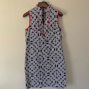 Jessica Howard Blue/White Geometric Print Red Piping Dress NWT Size 10